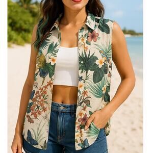 H&M Tropical Floral Jungle Butterfly Button Up Resortwear Vacation Travel Sz 8